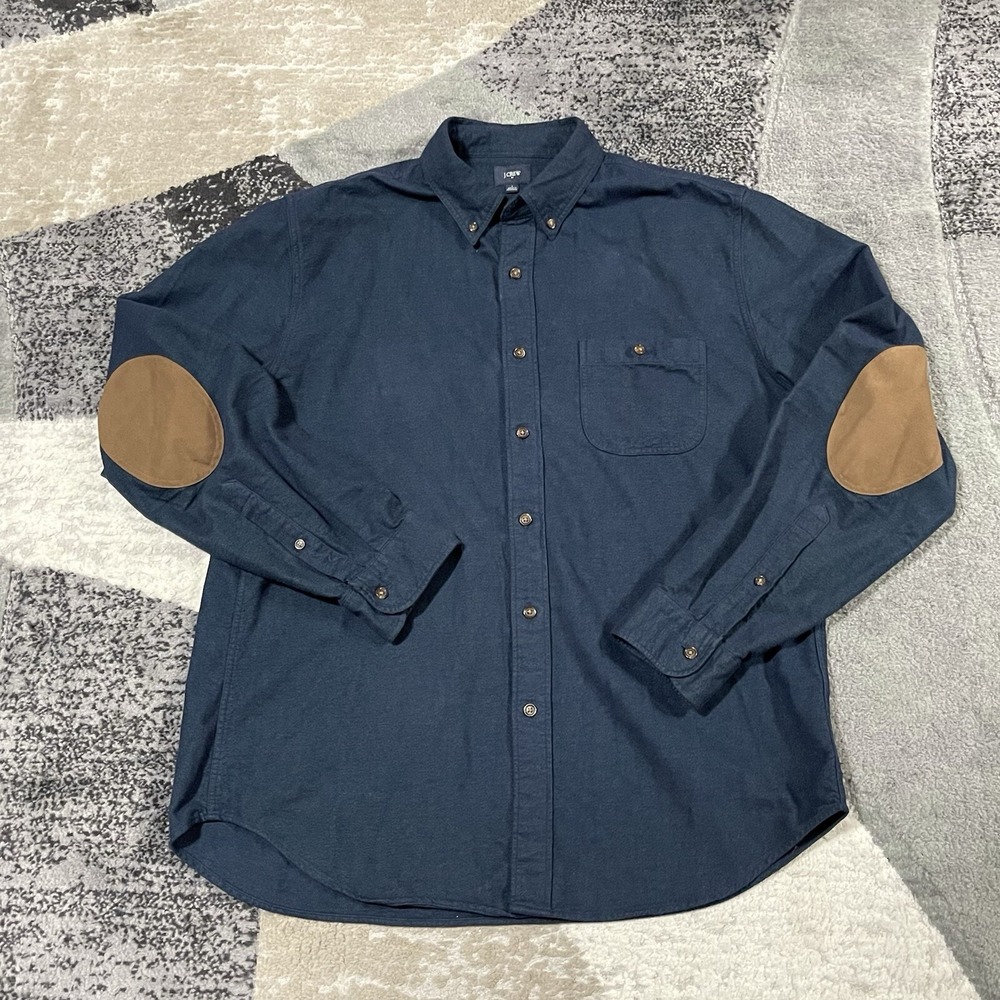 J. Crew Chambray Shirt Men Large‎ Blue Flannel Elbow Patches Casual Dad Preppy